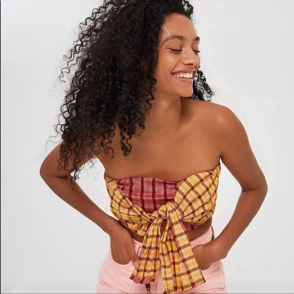 Plaid Tie-Front Strapless Top in Yellow and Red Cottage Bandeau